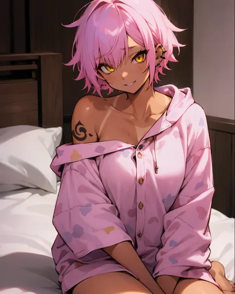 1female, tan skin, finely detailed yellow eyes, messy short pink hair with blue streaks, tattoo, piercings, off-shoulder hoodie, open pajama shirt, bedroom, pajama pants, delinquent, tokyo, sexy, alluring expression, 