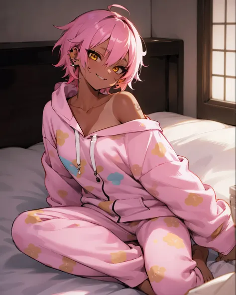 1female, tan skin, finely detailed yellow eyes, messy short pink hair with blue streaks, tattoo, piercings, off-shoulder hoodie, open pajama shirt, bedroom, pajama pants, delinquent, tokyo, sexy, alluring expression, 