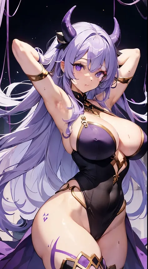 Had four arms hands on body, goddess girl, mega breast wrapped by ropes, pale purple skin, 3 meter tall standing, blacked eyes with purple iris, thicc light muscle body, long tail, long horns, few makeup, sweaty armpits, white haired, tattooed full body fr...