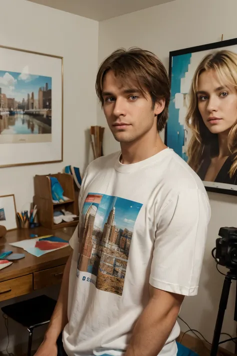 ASMR photo of a 31-year-old sandy-blonde man, messy bangs, in RAW UHD format , kind expressive (brown caramel eyes), in art studio, (worn tshirt), details (textures:0.6), soft warm lighting, very detailed startling eyes (Looking at the camera), DSLR Lighti...