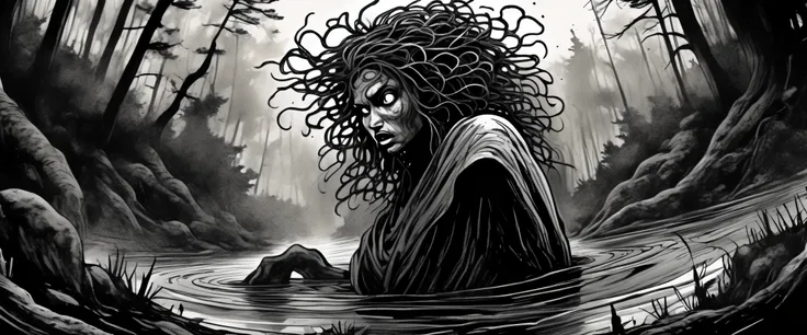 emerging from abyss black void darkness, ink style figure, fisheye lens, upclose portrait, ultra wide angle background pine barrens at dusk, gorgon medusa intense piercing look, expressive ink cartoonish, splash page compressed comic cover art, cinematic p...