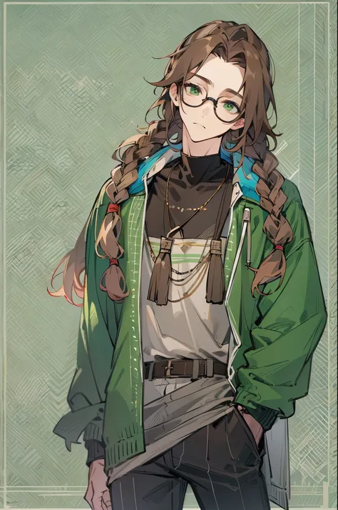 1male, Adult, Brown Hair, Long Hair, Braids, Glasses, Pants, Long T-Shirt, Green Eyes, Necklace