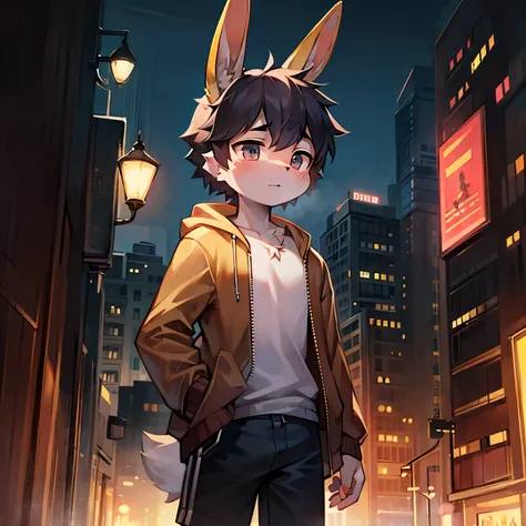 Bright day outside，bunny boy，bunny ears，male focus，furry men，short stature，Characteristics of a three-year-old boy，Short sleeves with jacket，shorts，Standing posture ，city bright background