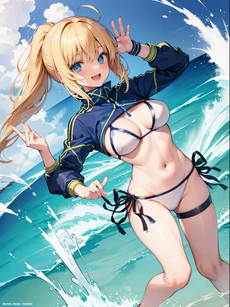 masterpiece,(ultra-detailed),1girl, mysterious heroine xx (fate), half_eyes,smile,open mouth, swimsuit, white bikini, side-tie bikini bottom, shrug (clothing), jacket,  thigh strap, wristband,  large_breasts, ocean, splashing,blonde_ponytail,open_legs,cap,...