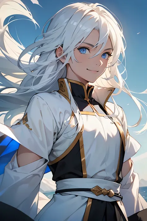 ((master part))，(best quality)，long white hair, master of wind and thunder, blue eyes, beautiful, splendid, serene expression, calm expression, happy smile