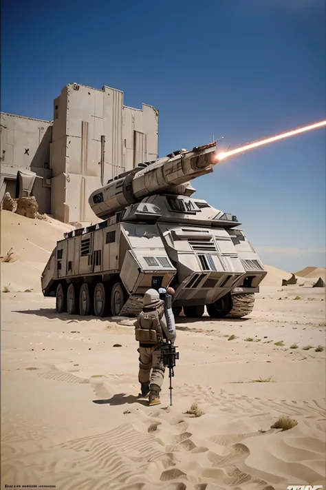 imagem fiel do gigante AT-AT do filme star wars andando no deserto, proximo a uma ciadade futuristica, he shoots a laser beam at a building and destroys it