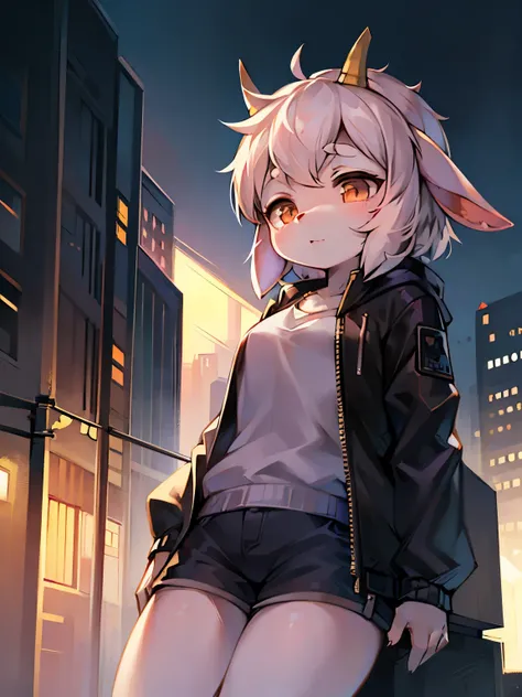 Bright day outside，Goat Girl，goat horns，female focus，Furry women，Cute appearance，short stature，Characteristics of a three-year-old girl，Short sleeves with jacket，shorts，city bright background