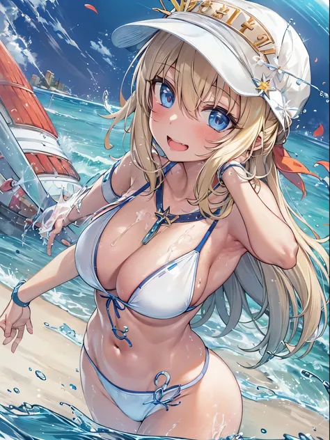 masterpiece,(ultra-detailed),1girl, mysterious heroine xx (fate), half_eyes,smile,open mouth, swimsuit, white bikini, side-tie bikini bottom, shrug (clothing), jacket,  thigh strap, wristband,  large_breasts, ocean, splashing,blonde_ponytail,open_legs,cap,...