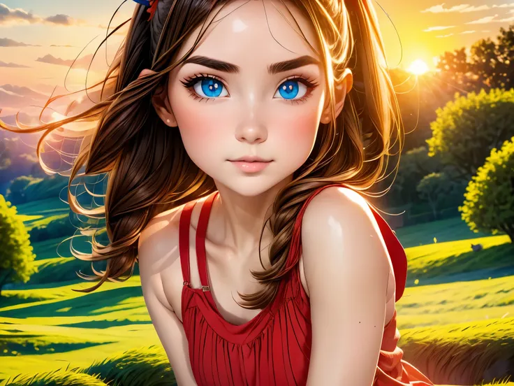 (ultra wide angle,countryside landscape,beautiful detailed girl sitting,fisheye lens,red sunset sky,vivid colors,sharp focus,beautiful detailed eyes,beautiful detailed lips,extremely detailed eyes and face,longeyelashes,crows,red dragonflies flying)