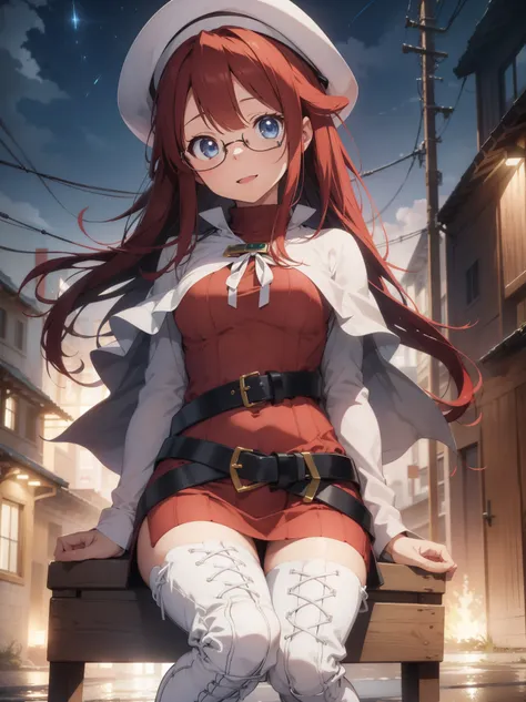 summonnightaty, aty, long hair, blue eyes, red hair, beret, hat, glasses,
BREAK long hair, thighhighs, hat, dress, boots, glasses, belt, cape, sweater, zettai ryouiki, beret, thigh boots, white footwear, ribbed sweater, loose belt,solo,
BREAK outdoors, fan...