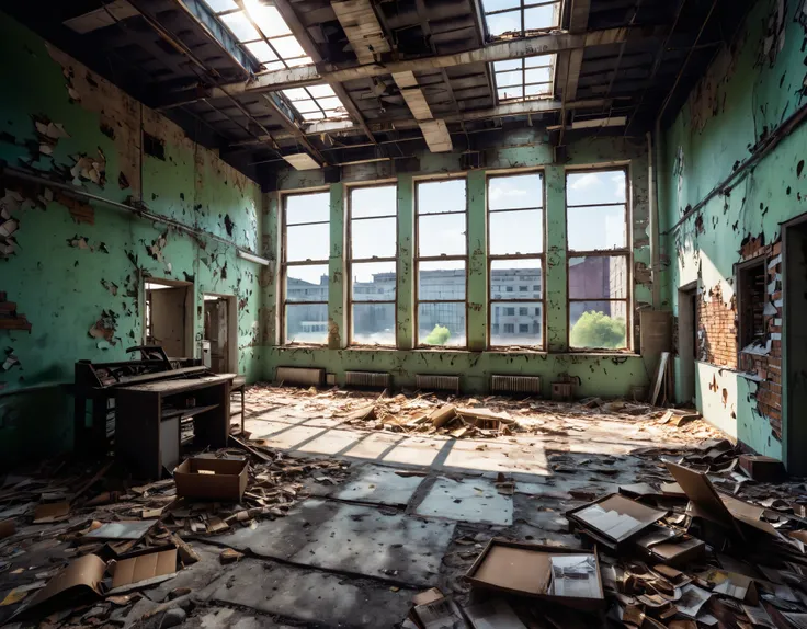 ultra wide angle:1.4, abandoned factory:1.5, ((perfect, meticulously detailed, flawless, high definition, cinematic: 1.5), ((Masterpiece) ), (Hyper detailed: 1.3), (Photorealistic: 1.4), Epic, ( sun rays through slightly demolished wall: 1.3), (rusted mach...