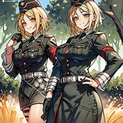 A woman in military clothing, military hat, on a battlefield in a forest, smiling, short blonde hair, orange eyes, masterpiece, ultra resolution, very detailed, 2k hd
