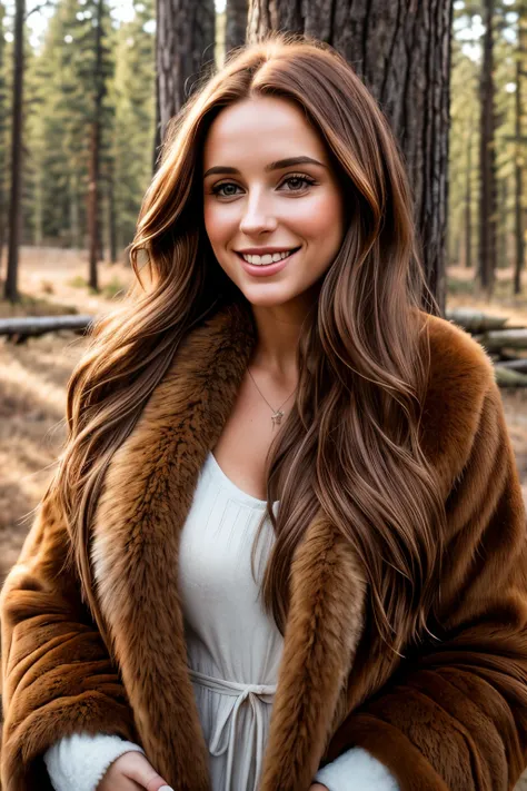 A long shot of a captivating and desirable 25-year-old woman with long, flowing chestnut brown hair stands proudly in front of a log cabin. Dressed in a luxurious and warm coyote fur coat, she exudes happiness and radiant beauty. The scene is set against t...