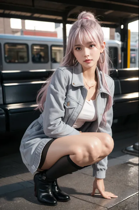 artworks，ultra high resolution，8K resolution，Accurate facial features with depth of field，is a perfect face，girl，the only person，ssmile，Long gray hair，with pink hair，crossed bangs，shairband，bangle，collars，hoop earings，aviator sunglasses bomber jacket，red f...