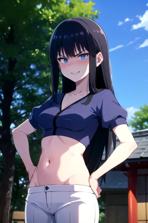 Touko, woman, long hair, black hair,  dark blue eyes, blue shirt, white pants, red lipstick, standing with hand on her hip, evil smile, angry eyes, outdoors, path through the village, east asian architecture, small japanese village, exposed belly, exposed ...