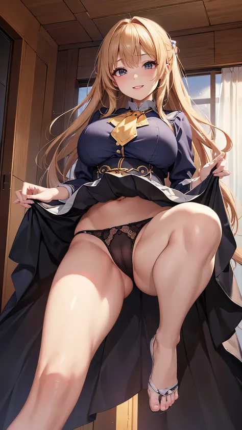 ((highest quality、High resolution、Highly detailed CG Unity 8K wallpaper))、detailed face、perfect body、unparalleled beauty、beautiful breasts、open your legs、Embarrassing erotic smile、((She lifts up her skirt and shows her panties))