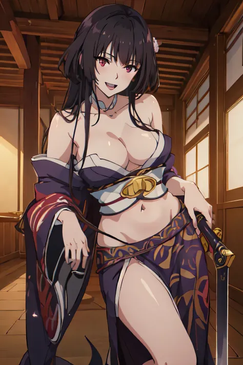 Glass, woman, red eyes, long hair, black hair, straight hair, (purple kimono) , masterpiece, best quality, highly detailed, a anime girls in kimono dress with a sword posing for a
picture, bare shoulder,open kimono, evil smile, open mouth, crop top , (nsfw...