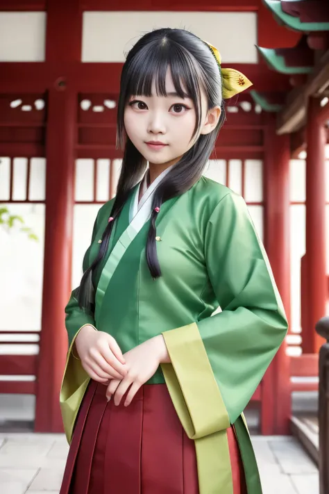 masterpiece, best quality, highres, realistic, cosplayer, thai girl, 20 y.o, 1girl hair ribbon hair ornament,green hair, hanfu g...