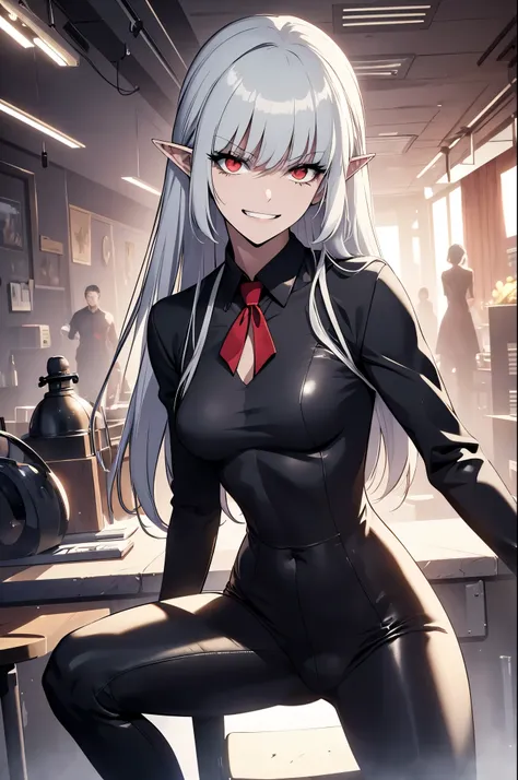 alice,vampire,grey hair, long hair, red eyes, pointy ears, small breasts,1girl, Makima (Chainsaw Man), beautiful face, detailed face, pretty, long hair, tied hair, hair bang, straight hair bang, detailed eyes, mature woman, mommy, smiling sadistically, evi...