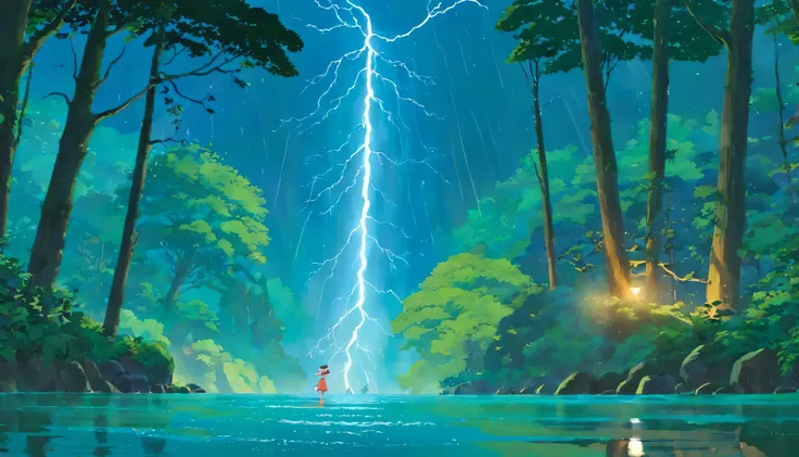 Design an image depicting an intense night storm scene over an ancient rainforest. The sky above is a canvas of chaotic beauty, with lightning bolts illuminating the dense canopy below. Each flash reveals the rich, wet leaves of towering trees and the intr...