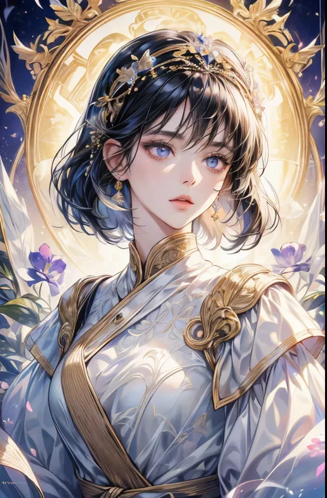 raven-haired woman、bust、white skinned、Symmetry between left and right eyes、delicate eyes、sparkling violet eyes、golden hair accessories、Mosaic pattern background、spotlight、high contrast、Striking shadows、Detailed shadows、Perfect workmanship、​Masterpiece、top ...