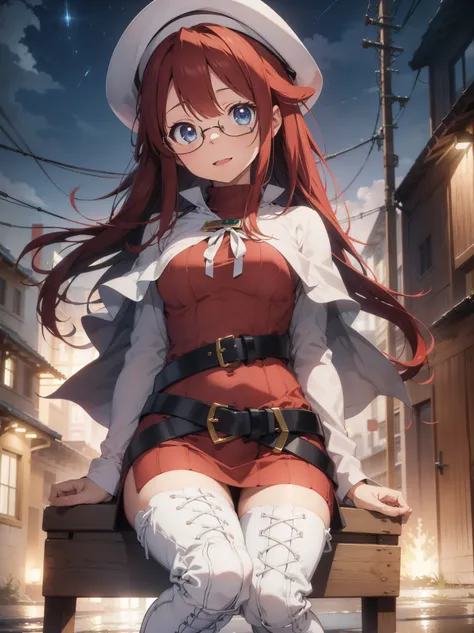 summonnightaty, aty, long hair, blue eyes, red hair, beret, hat, glasses,
BREAK long hair, thighhighs, hat, dress, boots, glasses, belt, cape, sweater, zettai ryouiki, beret, thigh boots, white footwear, ribbed sweater, loose belt,solo,
BREAK outdoors, fan...