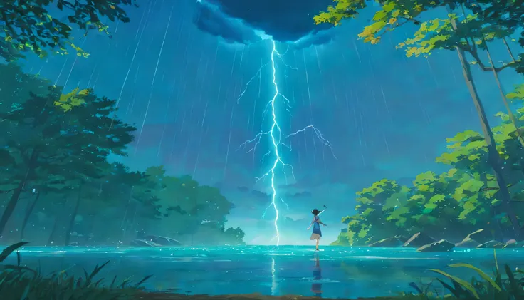 Design an image depicting an intense night storm scene over an ancient rainforest. The sky above is a canvas of chaotic beauty, with lightning bolts illuminating the dense canopy below. Each flash reveals the rich, wet leaves of towering trees and the intr...