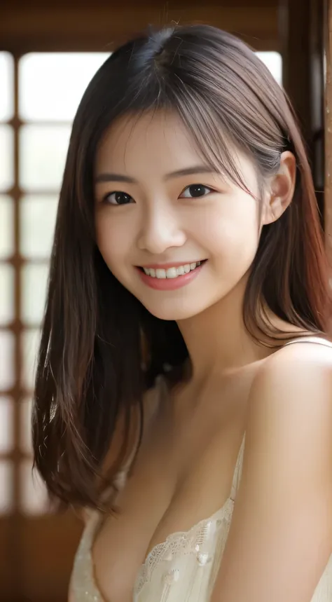 masterpiece,best quality,(Japanese ),((Beautiful girl)),cleavage,indoor,(perfect body beauty:1.2),(shy smile),beautiful teeth,