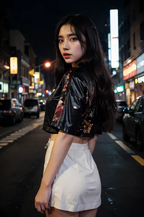 ((best quality)), ((masterpiece)), (Cinematic Aesthetic:1.4) Photo of a beautiful korean fashion model bokeh city night