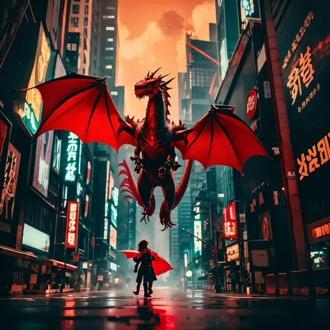 A dragon with a red body flying over the cyberpunk city