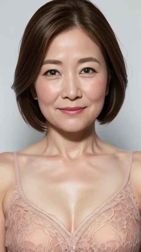 (close up of face), remove background, gravure, facing the front, ((photorealistic)), flashy makeup, from the chest up, masterpiece, highest quality, Super detailed, realistic, super dense skin, anatomically correct, (1 Japanese mature woman), (alone), 100...