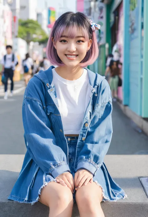 high school girl、Harajuku、sit、smile、casual、hort hair、looking at the camera