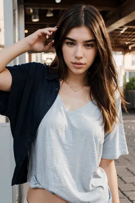 portrait of 18 year old blond girl that looks similar to singer Dua Lipa