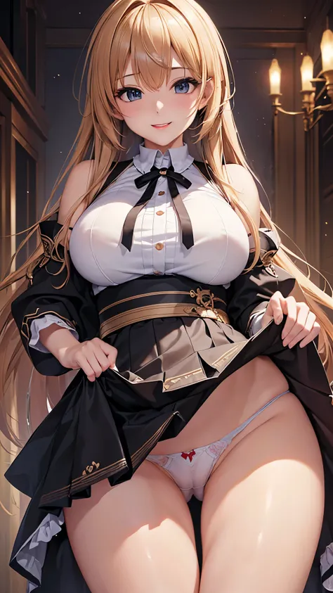 ((highest quality、High resolution、Highly detailed CG Unity 8K wallpaper))、detailed face、perfect body、unparalleled beauty、beautiful breasts、open your legs、Embarrassing erotic smile、((She lifts up her skirt and shows her panties up close))