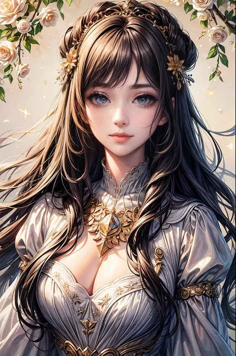 (highest quality,8K,cg),Upper body details, girl,flower forest background,complex facial features,elegant long curly hair,large almond shaped eyes,detailed eye makeup,long eyelashes,twinkling stars,exquisite lip detail,soft and harmonious style.