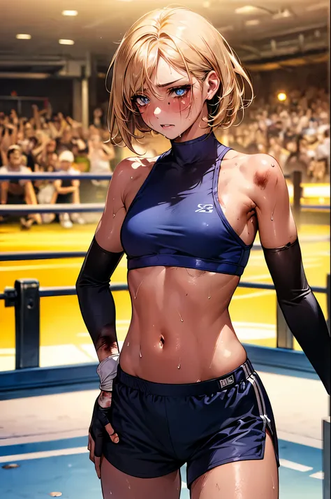 ((nsfw,before rape)),(During a martial arts match、simple boxing ring)、((perfect anatomy,realistic,:1.3,RAW Photography:1.3,masterpiece、highest quality、Ultra - High resolution、High resolution、Highly detailed CG、8K)),cowboy shot,1 female,solo,20 year old bea...