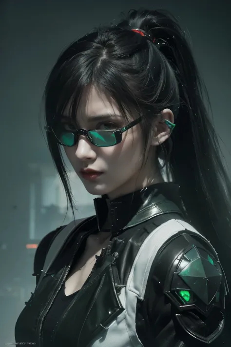 tmasterpiece,Best quality,A high resolution,8K,(Portrait photograph:1.5),(ROriginal photo),real photograph,digital photography,(Combination of cyberpunk and fantasy style),(Female soldier),20 year old girl,long ponytail hair,By bangs,black color hair,(Red ...