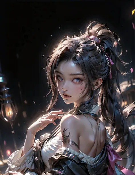 A girl wearing a kimono,body facing left,sideways,Expose shoulders and back,There is a tattoo on the left shoulder,The eyes look to the left front,Place your right hand on your chest,hair standing on end,With a pink ribbon on her head,((best quality)), ((m...