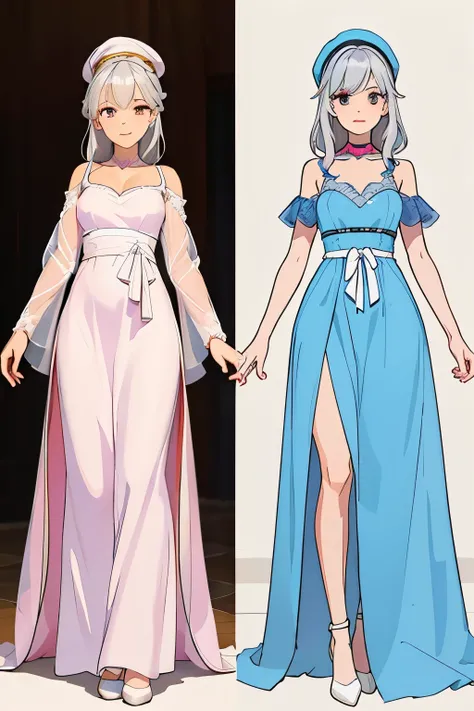 a drawing of a woman in a dress with a hat on, gown, clear outfit design, detailed dress and face, wearing long gown, white dress!! of silver hair, outfit design, line sketch!!, with a thin waist, girl in a dress, anime barbie in white, wearing an evening ...