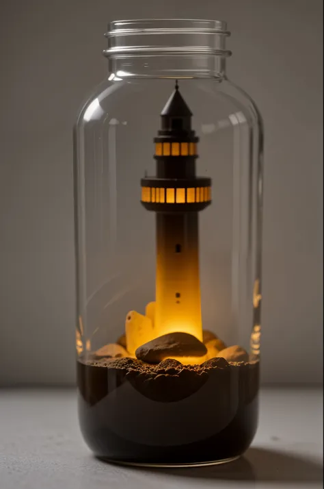 an epic scene, an optical illusion of a lighthouse in a storm inside a glass jar, tarro de cristal sentado en una encimera de co...