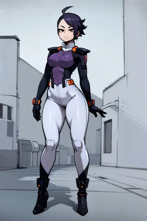 My Hero Academia style, anime Girl, female, trending on artstation pixiv, (full body shot:1.5), wide hips, wide thighs, medium breast, buzzcut side, dark purple hair, short hair, Orange eyes, hero suit, full body suit, dark purple suit with white pants, wh...