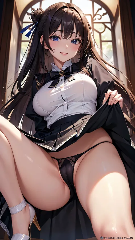 ((highest quality、High resolution、Highly detailed CG Unity 8K wallpaper))、detailed face、perfect body、unparalleled beauty、beautiful breasts、open your legs、Embarrassing erotic smile、((She lifts up her skirt and shows her panties up close))