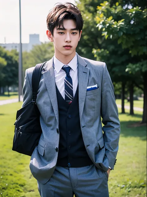 boy, 17 y.o, handsome, suit, tie, school field