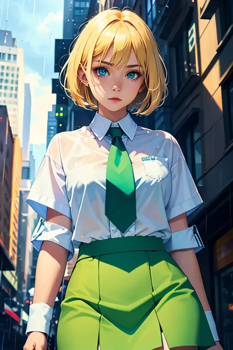 1girl, blond hair, short hair, blue eyes, white shirt, green tie, green skirt, city, rain, detailed background 