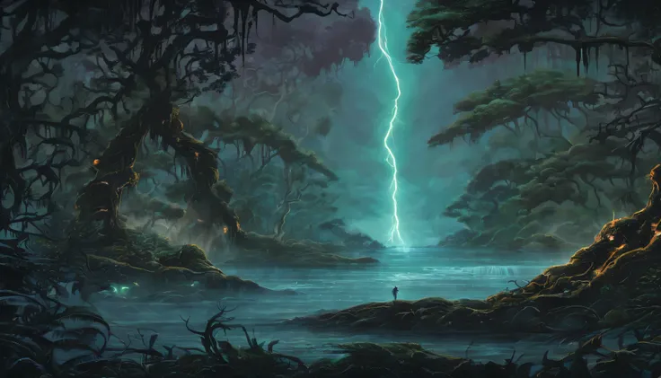 Design an image depicting an intense night storm scene over an ancient rainforest. The sky above is a canvas of chaotic beauty, with lightning bolts illuminating the dense canopy below. Each flash reveals the rich, wet leaves of towering trees and the intr...