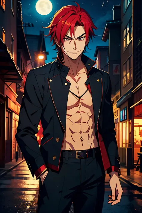 anime character with red hair and a black jacket, with red hair, anime handsome man, male anime character, 1boy, solo, suoh mikoto, k project, (((vampire))), insanity, malkavian, city in background, (night), smirk, cowboy shot, dynamic lighting