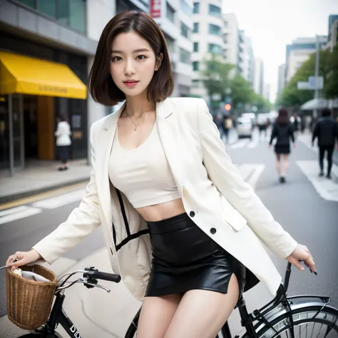 An arafe Asian woman wearing a miniskirt riding a bicycle on a city street, korean girl, short jacket, super mini skirt、white panties、korean female fashion model, wears tight and simple clothes, gorgeous young korean woman, slim girl model photo, korean wo...