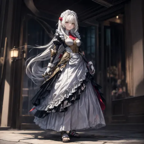 Female, standing straight symmetrical, long_hair, messy_hair, white_hair, maid with armor, metal sandals