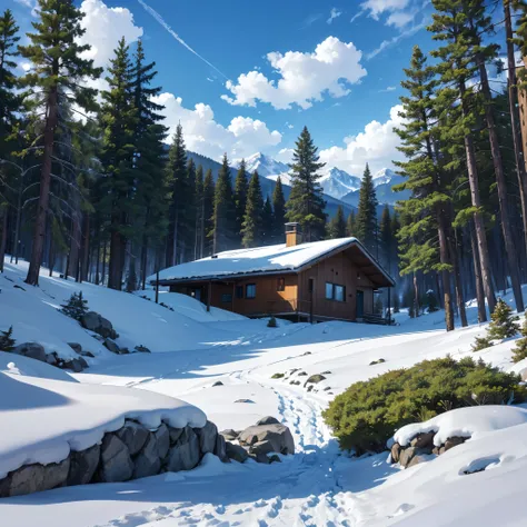 A landscape, of a place with mountains covered in green lawn, with pine trees, a modern house a little far from the mountains, deep in the background mountains of rocks covered in snow, blue sky with perfect clouds, ultra resolution, perfect quality, maste...