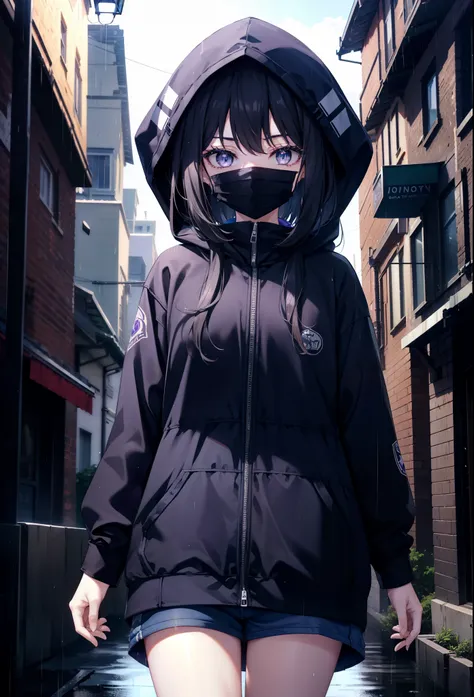 takiuchi kame, check it out, long hair, bangs, black hair, (purple eyes:1.2),blue hoodie,hood up,cover your mouth with a blue ma...